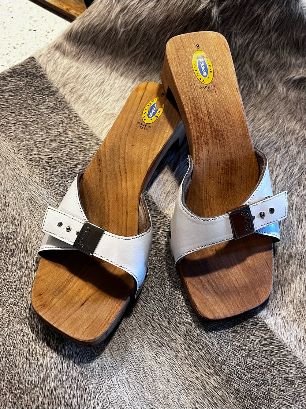 Dr. Scholl's White Leather Studded Wooden Clogs - Picture 2 of 2